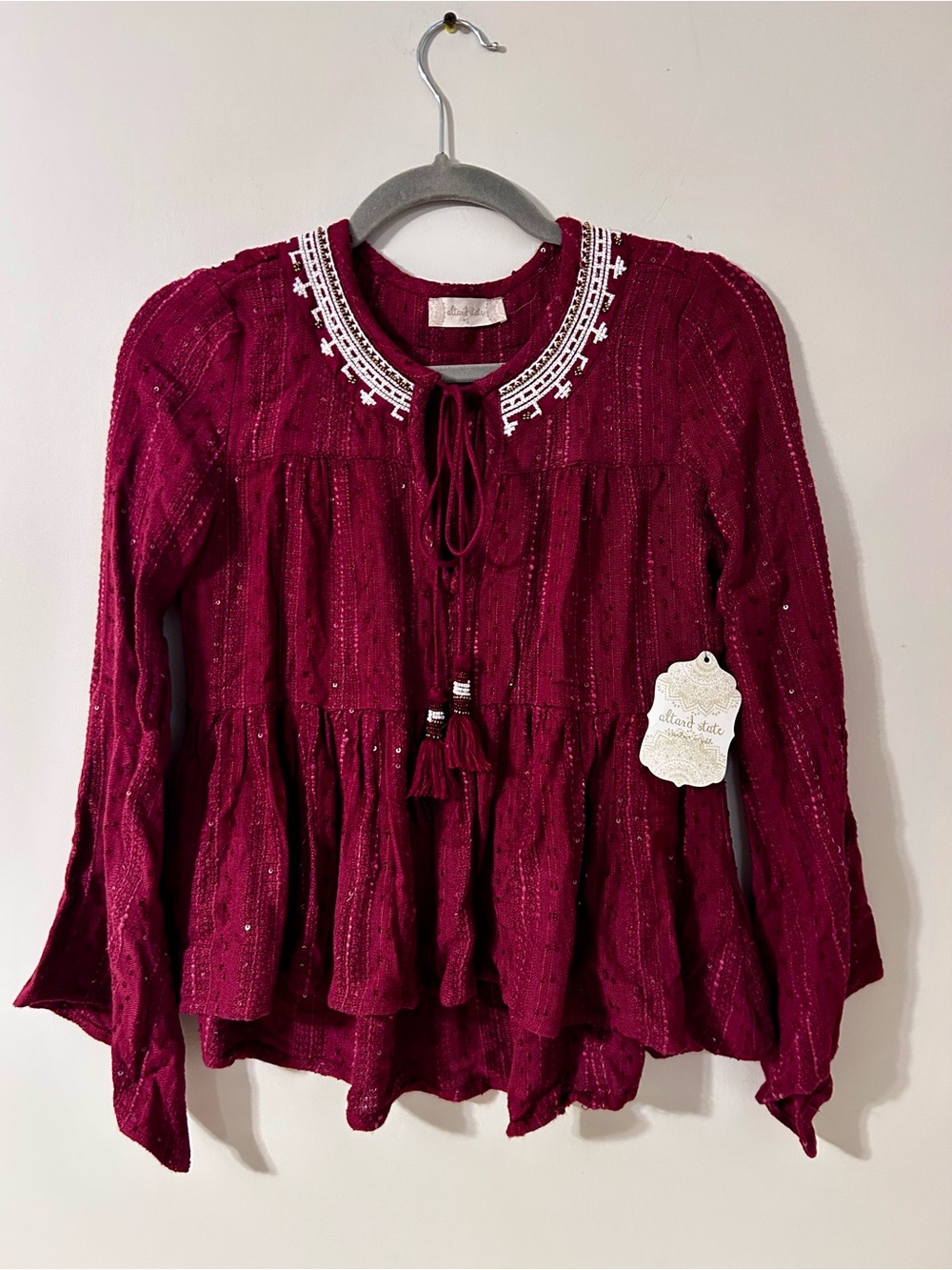 Altar'd State Berry Embroidered Tie-Front Boho Blouse